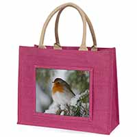 Robin Red Breast in Snow Tree Large Pink Jute Shopping Bag