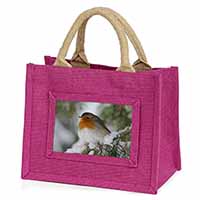 Robin Red Breast in Snow Tree Little Girls Small Pink Jute Shopping Bag