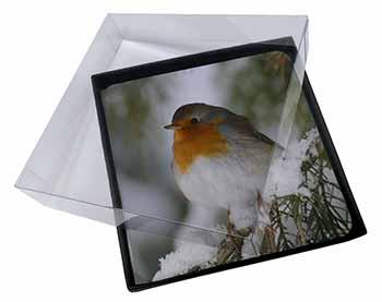 4x Robin Red Breast in Snow Tree Picture Table Coasters Set in Gift Box