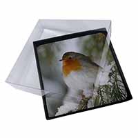 4x Robin Red Breast in Snow Tree Picture Table Coasters Set in Gift Box