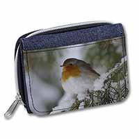 Robin Red Breast in Snow Tree Unisex Denim Purse Wallet