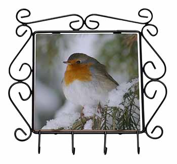 Robin Red Breast in Snow Tree Wrought Iron Key Holder Hooks