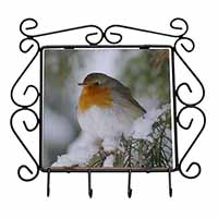 Robin Red Breast in Snow Tree Wrought Iron Key Holder Hooks