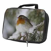 Robin Red Breast in Snow Tree Black Insulated School Lunch Box/Picnic Bag