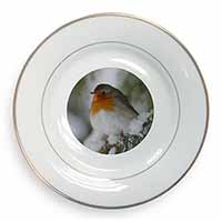 Robin Red Breast in Snow Tree Gold Rim Plate Printed Full Colour in Gift Box