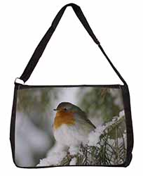 Robin Red Breast in Snow Tree Large Black Laptop Shoulder Bag School/College