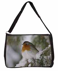 Robin Red Breast in Snow Tree Large Black Laptop Shoulder Bag School/College