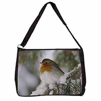 Robin Red Breast in Snow Tree Large Black Laptop Shoulder Bag School/College