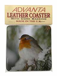 Robin Red Breast in Snow Tree Single Leather Photo Coaster