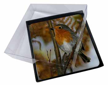 4x Autumn Robin Red Breast Picture Table Coasters Set in Gift Box