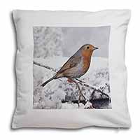 Winter Robin on Snow Branch Soft White Velvet Feel Scatter Cushion