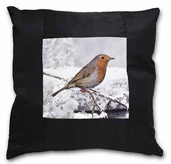 Winter Robin on Snow Branch Black Satin Feel Scatter Cushion