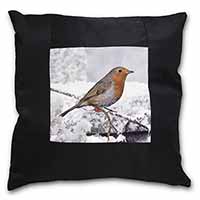 Winter Robin on Snow Branch Black Satin Feel Scatter Cushion