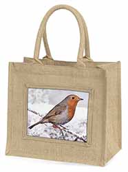 Winter Robin on Snow Branch Natural/Beige Jute Large Shopping Bag