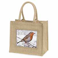 Winter Robin on Snow Branch Natural/Beige Jute Large Shopping Bag