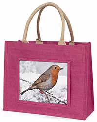 Winter Robin on Snow Branch Large Pink Jute Shopping Bag