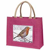 Winter Robin on Snow Branch Large Pink Jute Shopping Bag