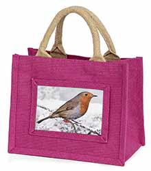 Winter Robin on Snow Branch Little Girls Small Pink Jute Shopping Bag