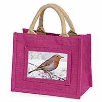 Winter Robin on Snow Branch Little Girls Small Pink Jute Shopping Bag