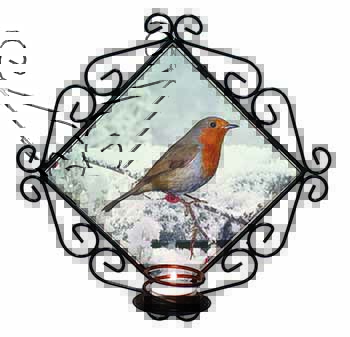 Winter Robin on Snow Branch Wrought Iron Wall Art Candle Holder