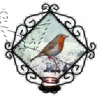 Winter Robin on Snow Branch Wrought Iron Wall Art Candle Holder