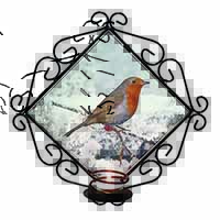 Winter Robin on Snow Branch Wrought Iron Wall Art Candle Holder