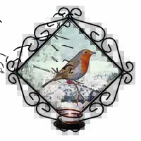 Winter Robin on Snow Branch Wrought Iron Wall Art Candle Holder