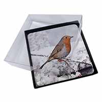 4x Winter Robin on Snow Branch Picture Table Coasters Set in Gift Box