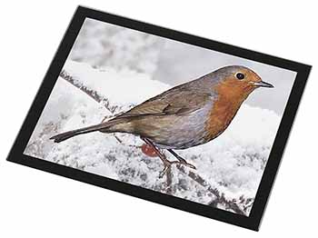 Winter Robin on Snow Branch Black Rim High Quality Glass Placemat