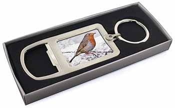 Winter Robin on Snow Branch Chrome Metal Bottle Opener Keyring in Box