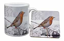 Winter Robin on Snow Branch Mug and Coaster Set