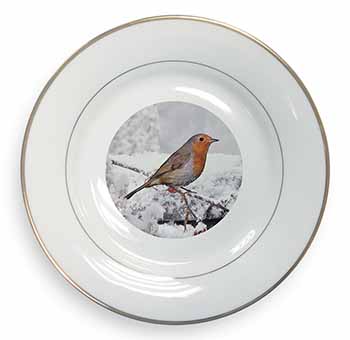 Winter Robin on Snow Branch Gold Rim Plate Printed Full Colour in Gift Box