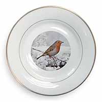 Winter Robin on Snow Branch Gold Rim Plate Printed Full Colour in Gift Box