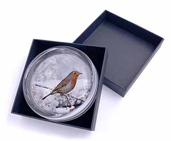Winter Robin on Snow Branch Glass Paperweight in Gift Box