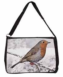 Winter Robin on Snow Branch Large Black Laptop Shoulder Bag School/College