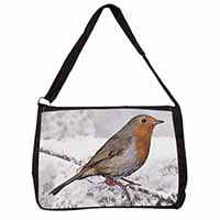 Winter Robin on Snow Branch Large Black Laptop Shoulder Bag School/College