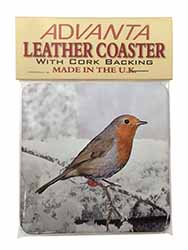Winter Robin on Snow Branch Single Leather Photo Coaster
