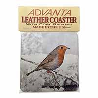 Winter Robin on Snow Branch Single Leather Photo Coaster