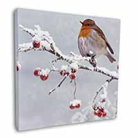 Robin on Snow Berries Branch Square Canvas 12"x12" Wall Art Picture Print