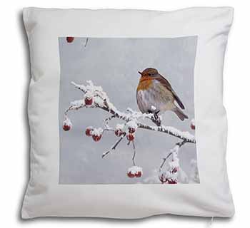 Robin on Snow Berries Branch Soft White Velvet Feel Scatter Cushion