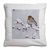 Robin on Snow Berries Branch Soft White Velvet Feel Scatter Cushion