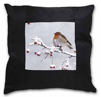 Robin on Snow Berries Branch Black Satin Feel Scatter Cushion