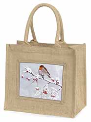 Robin on Snow Berries Branch Natural/Beige Jute Large Shopping Bag