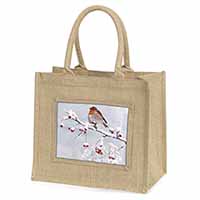 Robin on Snow Berries Branch Natural/Beige Jute Large Shopping Bag