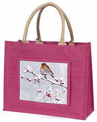 Robin on Snow Berries Branch Large Pink Jute Shopping Bag