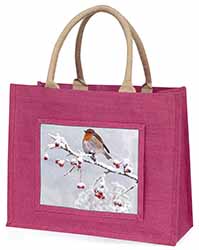 Robin on Snow Berries Branch Large Pink Jute Shopping Bag
