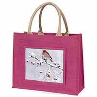 Robin on Snow Berries Branch Large Pink Jute Shopping Bag