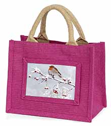 Robin on Snow Berries Branch Little Girls Small Pink Jute Shopping Bag