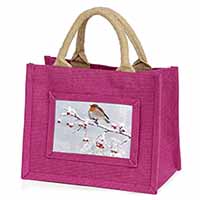 Robin on Snow Berries Branch Little Girls Small Pink Jute Shopping Bag
