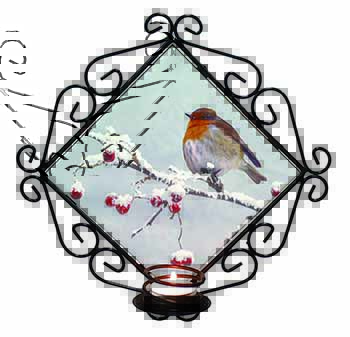 Robin on Snow Berries Branch Wrought Iron Wall Art Candle Holder